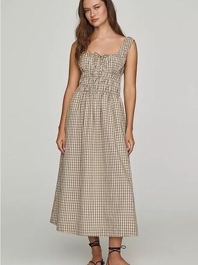 NIA Smocked Checked Midi Dress in Cream and Black